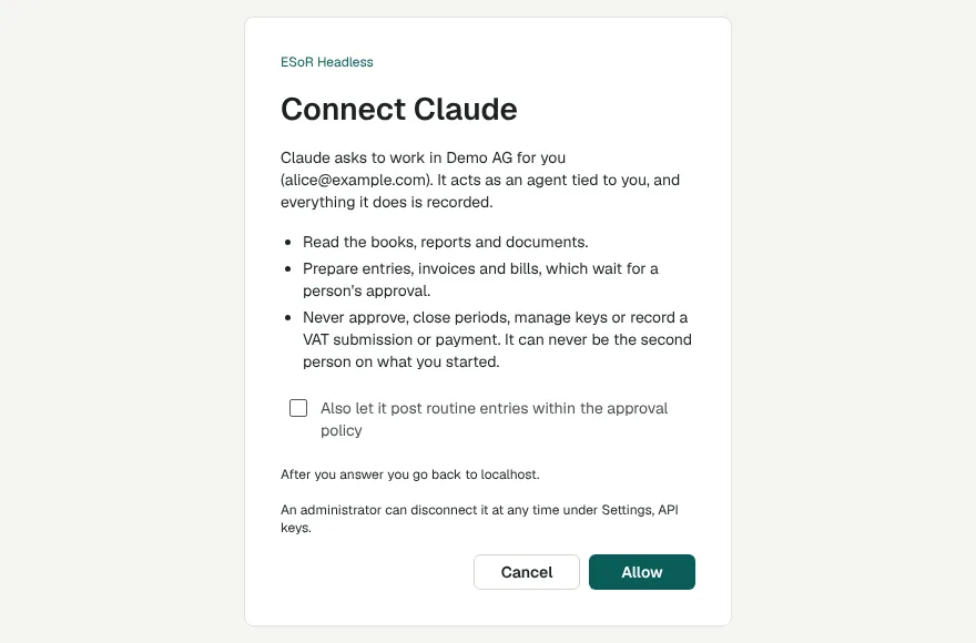 The page that asks a person to allow an AI assistant to work in their books
