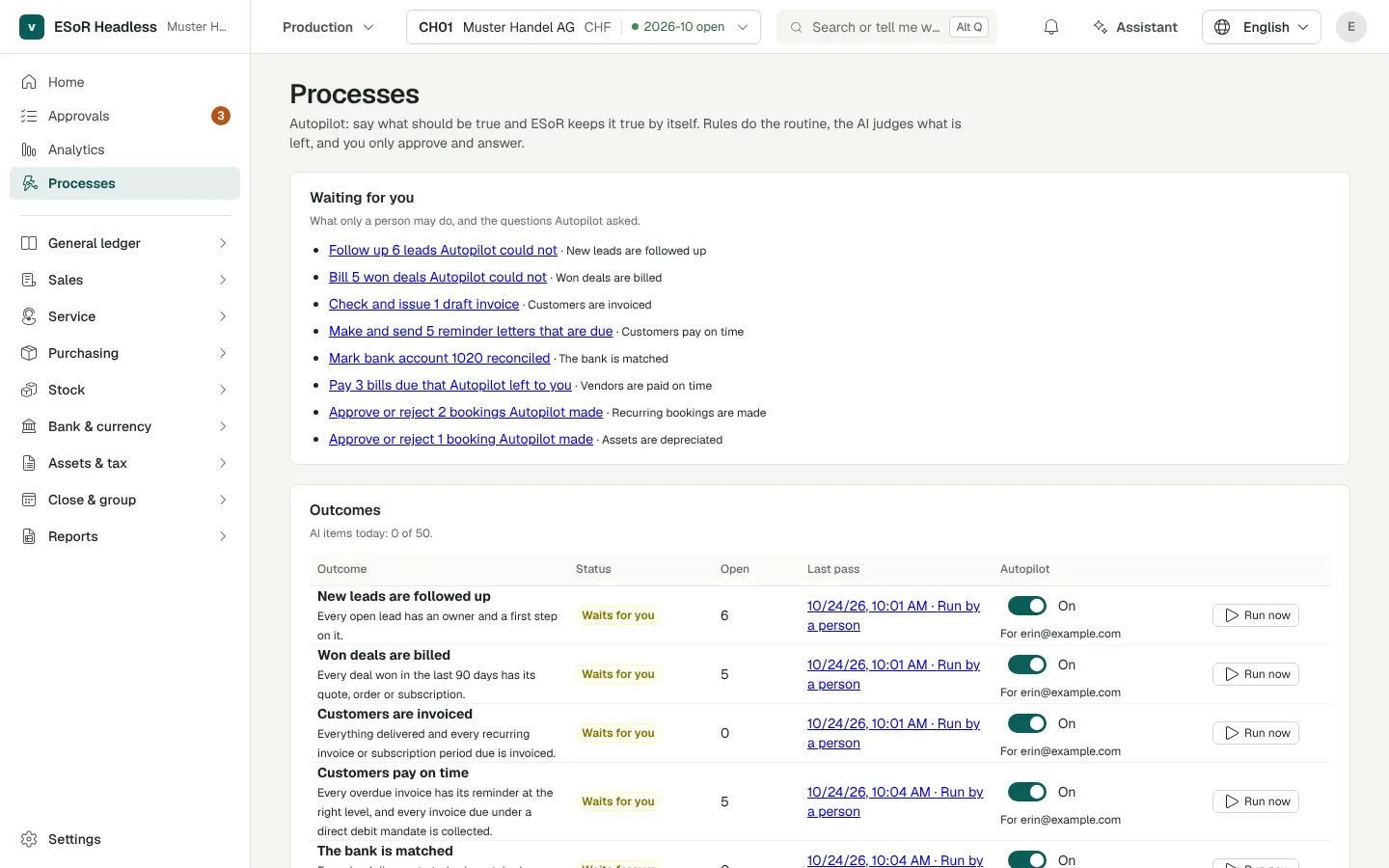 The Processes page: what waits for a person, each outcome with its state, and every pass