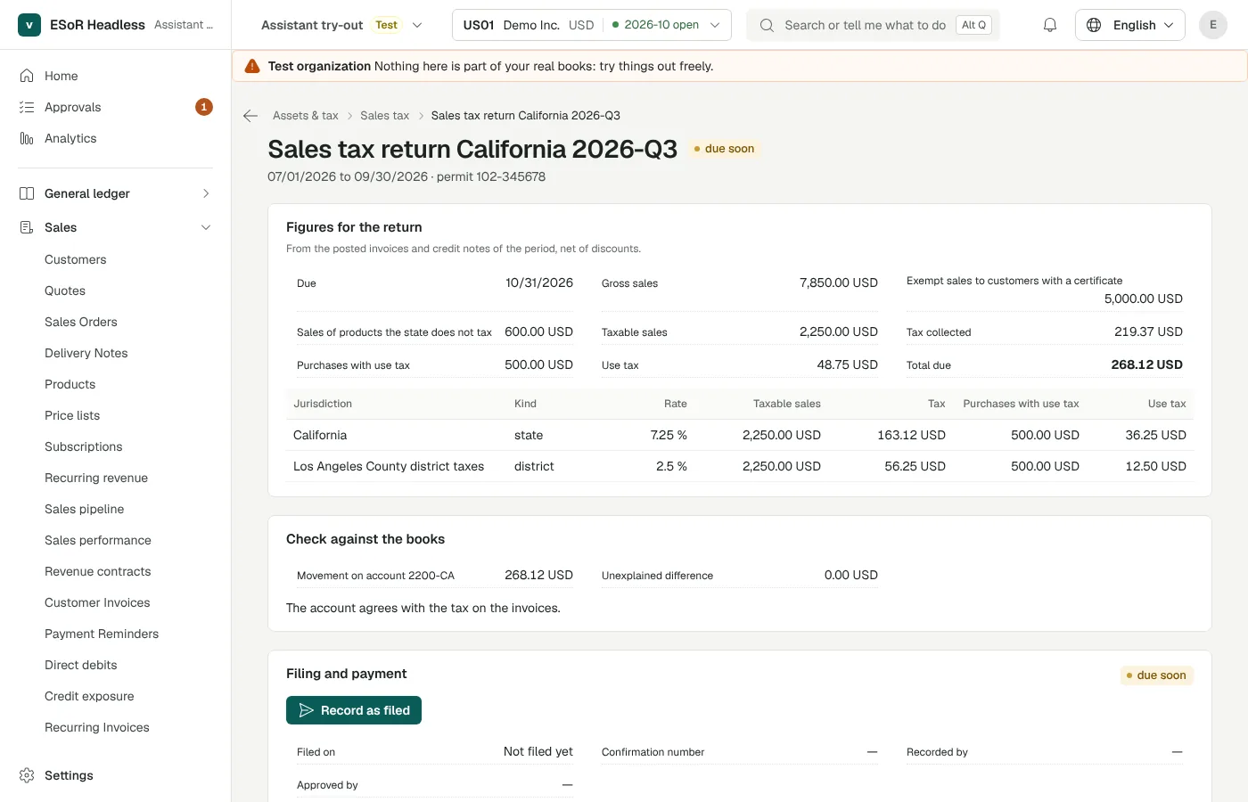 A US sales tax return for California, checked against the books